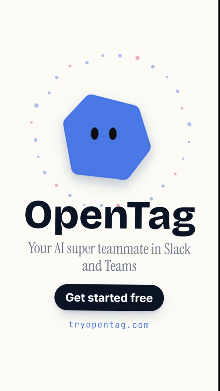 OpenTag concept video frame: blue hexagon mascot and wordmark