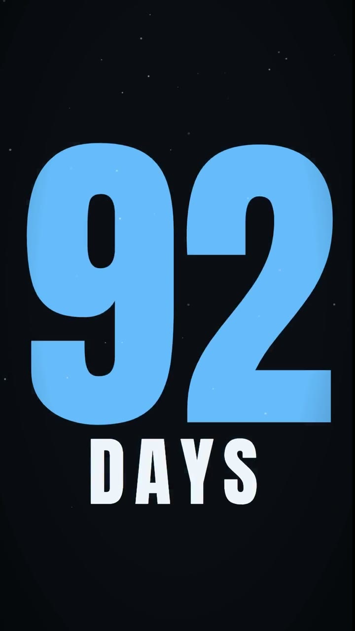 Winter Arc video frame: a giant ice-blue 92 above the word DAYS on a dark night sky